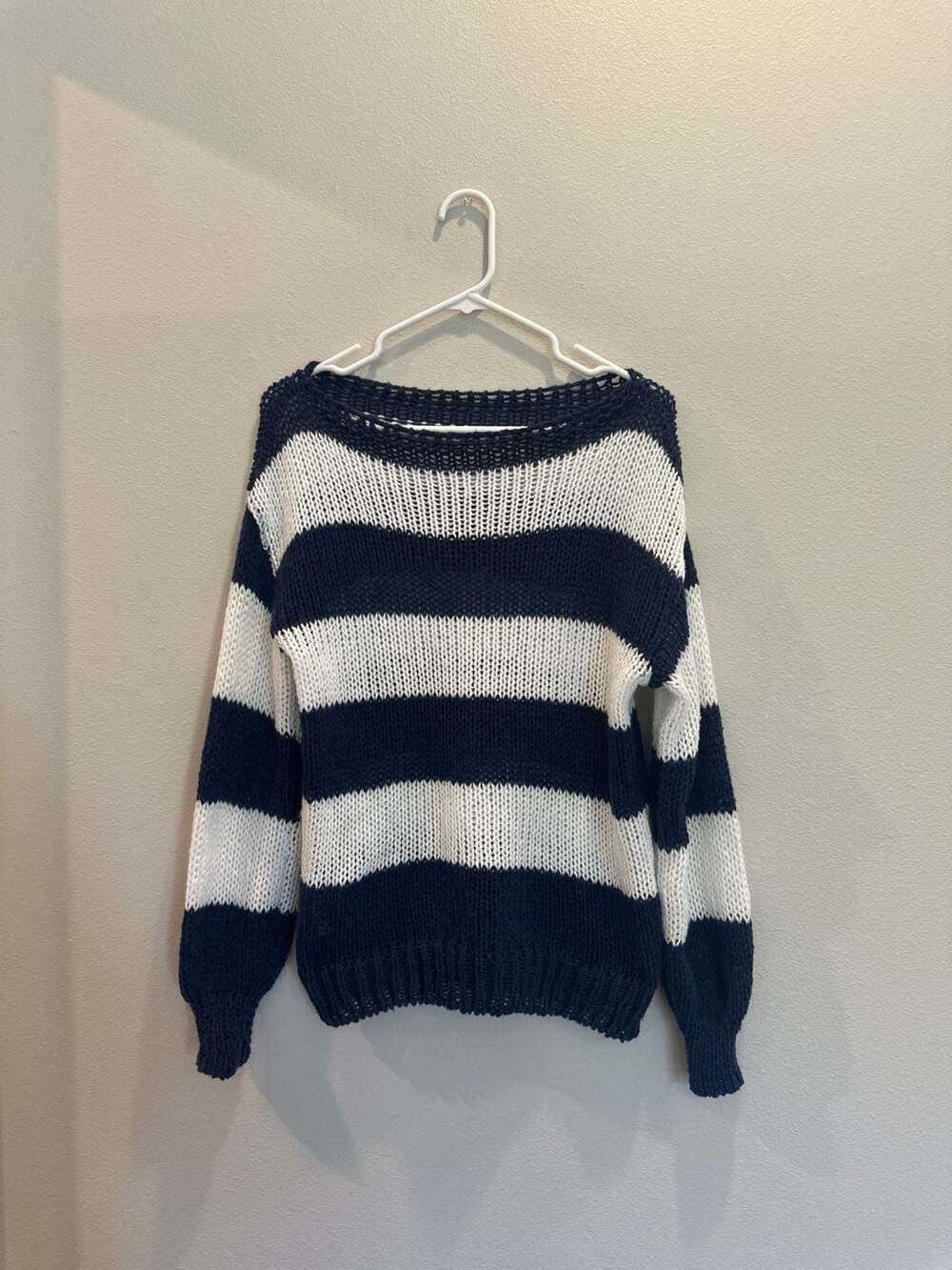 SHEIN Navy Blue and White Striped Open Knit Sweater Size S
